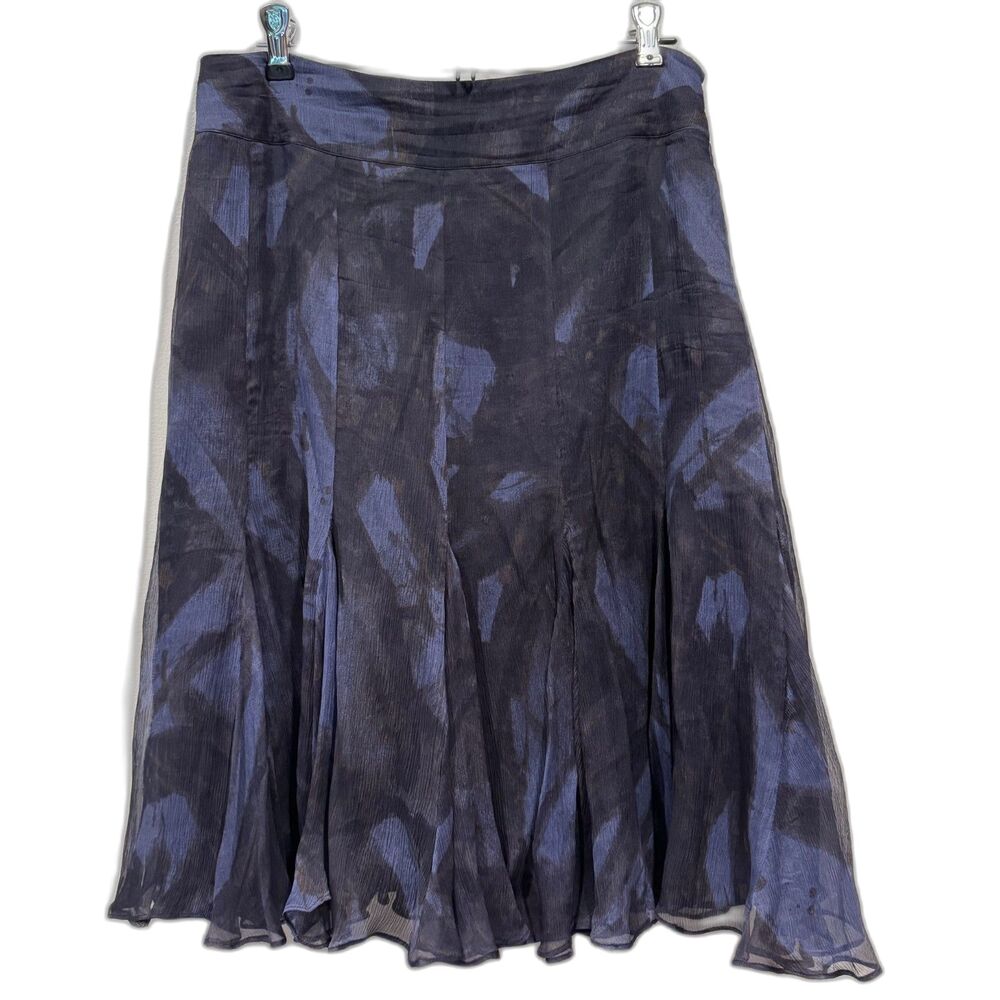 Jon Teri Jon Midi Skirt Silk Abstract Pleated Navy Blue Flowy Boho Women Size 4